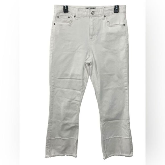 LUCKY Brand Bridgette Mini Boot White Jeans Size 8 / 29 Cropped Raw Hem Denim - Picture 1 of 10